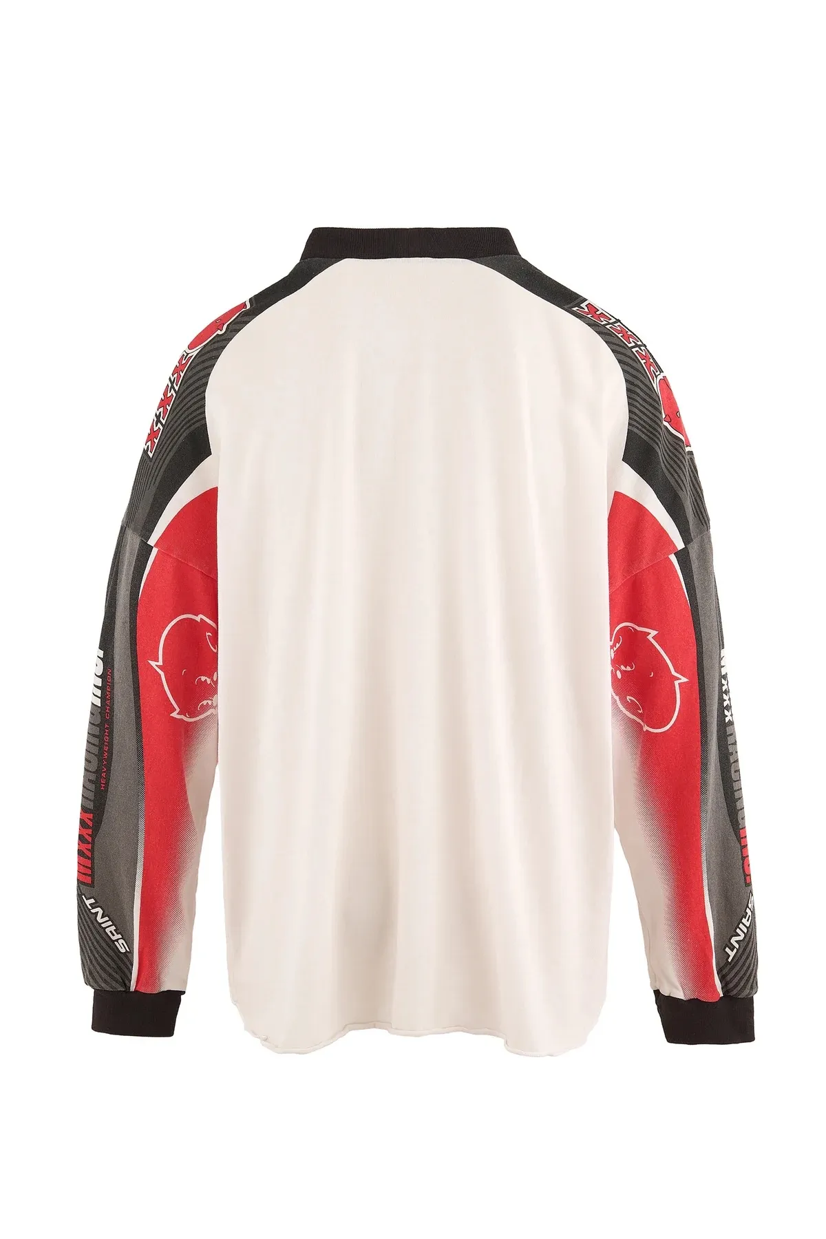 SAINT Mxxxxxx LS TEE/MORTOR CYCLE/WHT Little Devil Angel Racing Long Sleeve Off-White S-XL SAINT's annual racing style BOXY short, wide and fat design will be sold out immediately every time it is released. The whole garment is oversized and has many prints. The front and back prints on the shoulder are aligned. The printing area is very large and the operation is also difficult. The genuine level is restored. The ready-made garments are washed again to make them look old. Soft desizing is added to make the printing look old and white.